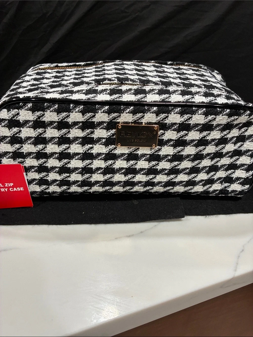 Revlon Black & White Makeup Organizer for Traveling with Gold Plaque